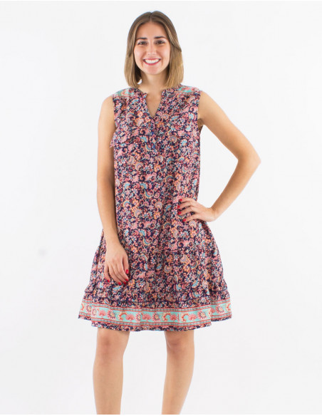 Robe polyester poches poitrine sans manches imprimé floral