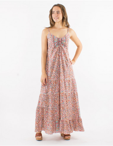 Long polyester ruffled dress with straps and "floral" print