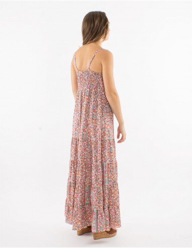 Long polyester ruffled dress with straps and "floral" print