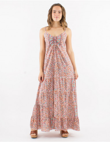 Long polyester ruffled dress with straps and "floral" print