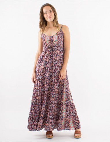 Long polyester ruffled dress with straps and "floral" print