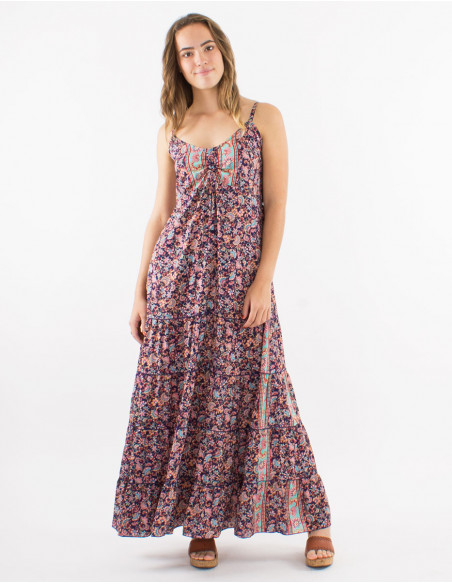 Long polyester ruffled dress with straps and "floral" print