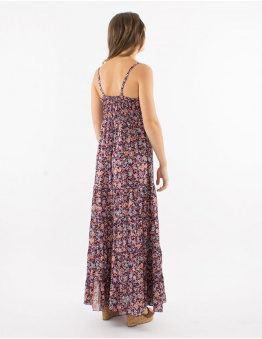 Long polyester ruffled dress with straps and "floral" print