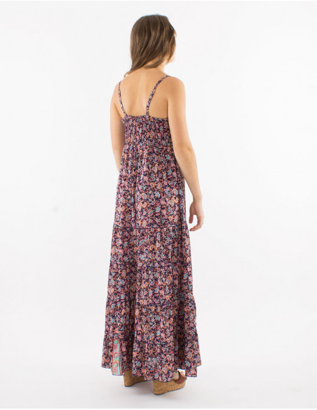 Long polyester ruffled dress with straps and "floral" print