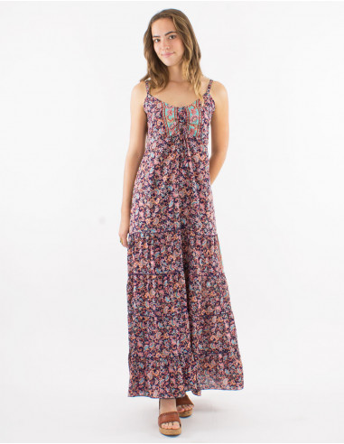 Long polyester ruffled dress with straps and "floral" print