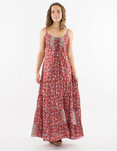 Long polyester ruffled dress with straps and "floral" print