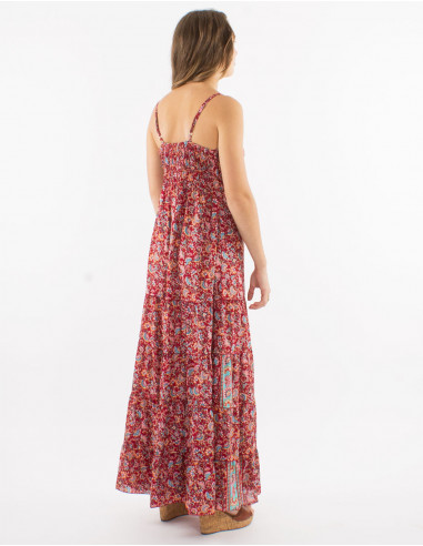 Long polyester ruffled dress with straps and "floral" print