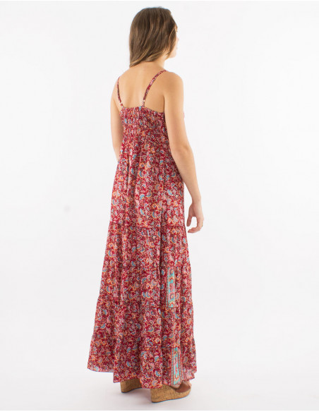 Long polyester ruffled dress with straps and "floral" print