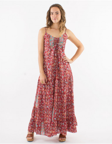 Long polyester ruffled dress with straps and "floral" print
