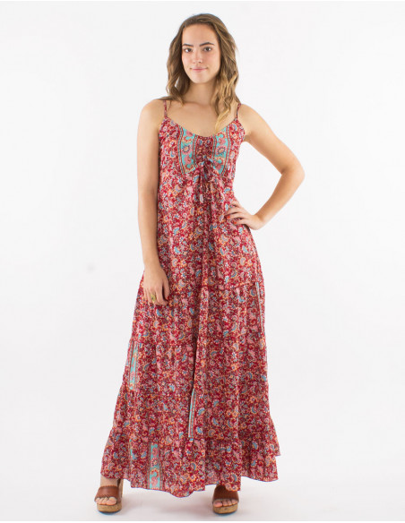 Long polyester ruffled dress with straps and "floral" print