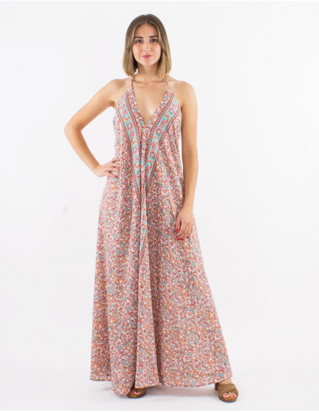 Long polyester backless dress and "floral" print