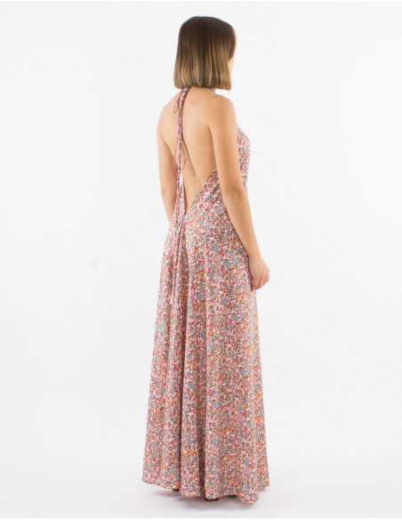 Long polyester backless dress and "floral" print