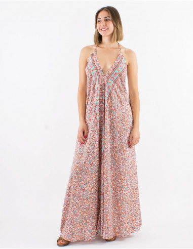Long polyester backless dress and "floral" print