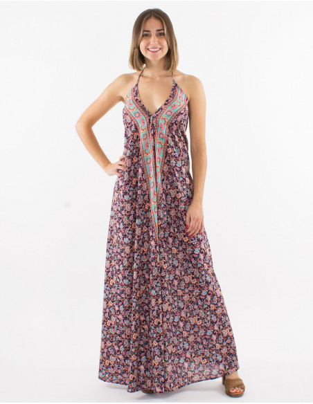 Long polyester backless dress and "floral" print