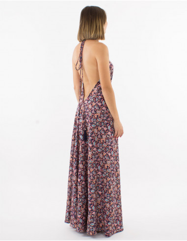 Long polyester backless dress and "floral" print