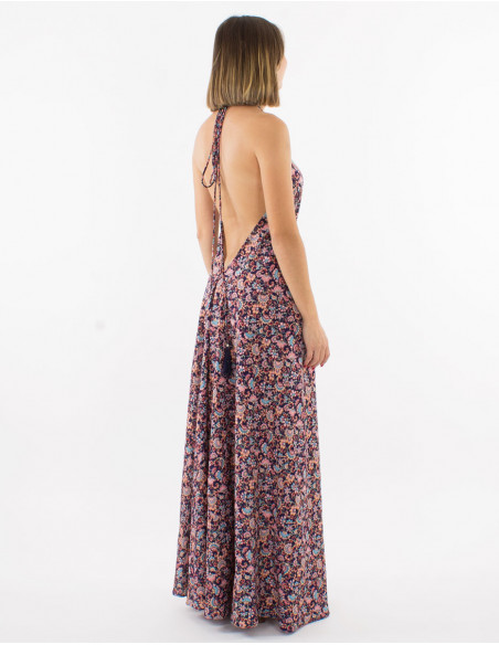 Long polyester backless dress and "floral" print