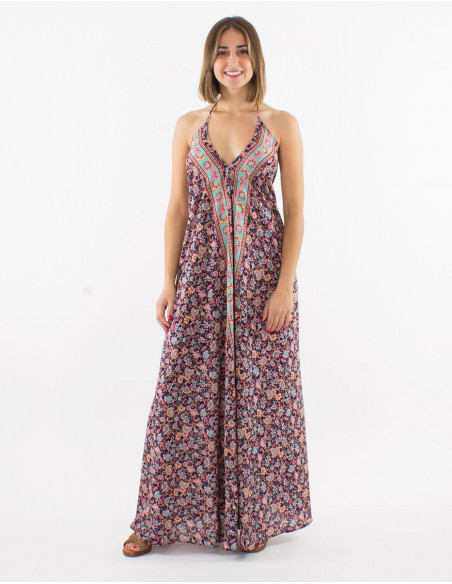Long polyester backless dress and "floral" print