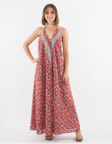 Long polyester backless dress and "floral" print