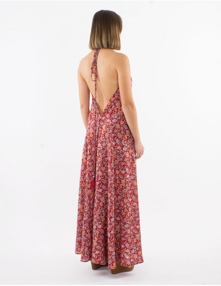 Long polyester backless dress and "floral" print