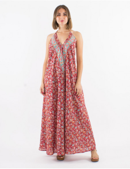 Long polyester backless dress and "floral" print