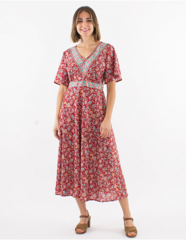 Polyester dress with short sleeves and "floral" print