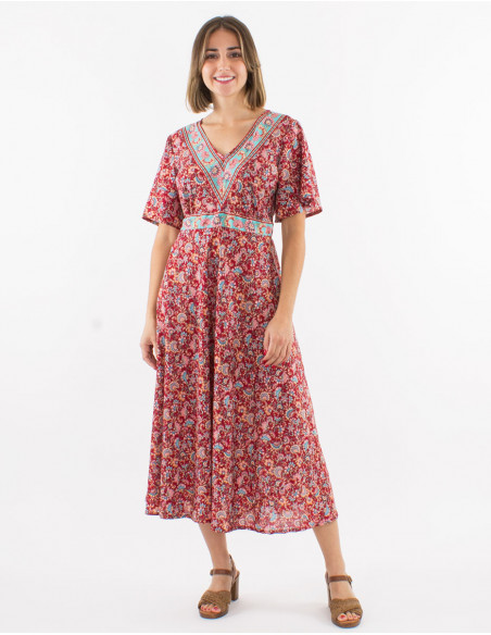 Polyester dress with short sleeves and "floral" print