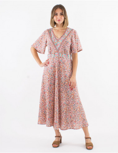Polyester dress with short sleeves and "floral" print