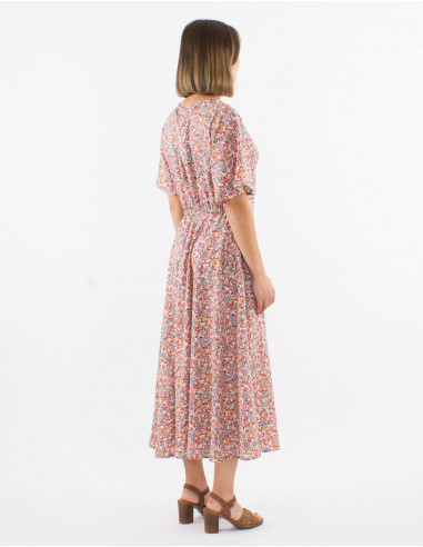 Polyester dress with short sleeves and "floral" print