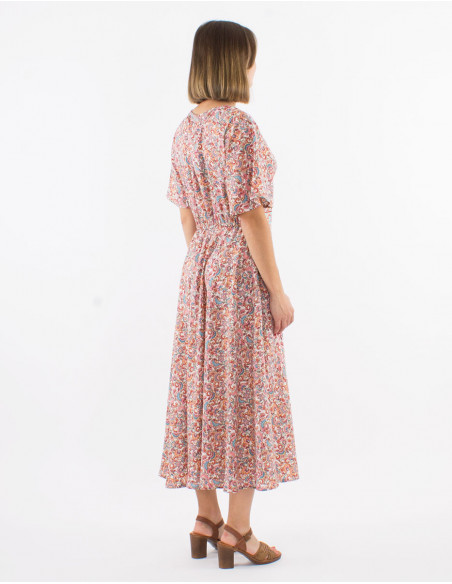 Polyester dress with short sleeves and "floral" print