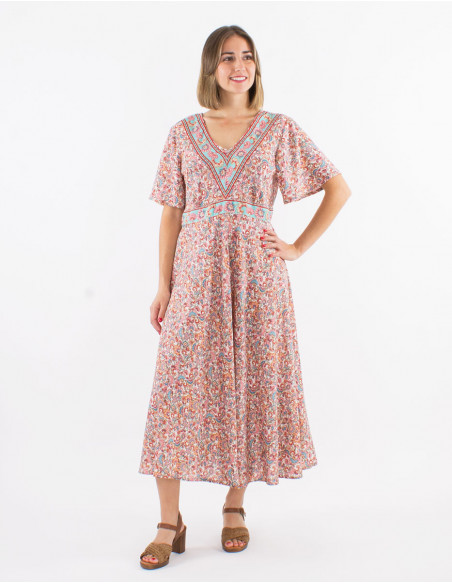 Polyester dress with short sleeves and "floral" print