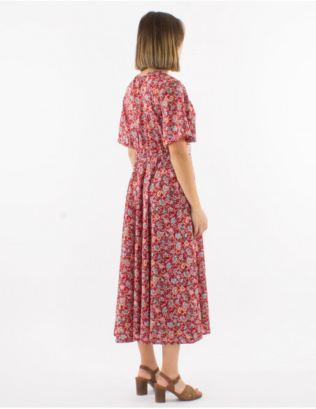 Polyester dress with short sleeves and "floral" print