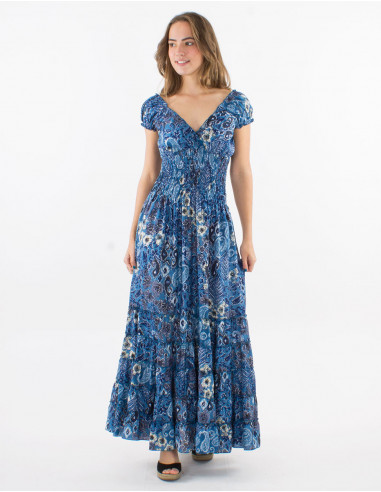 Long polyester dress with elastic size and "boheme argente" print