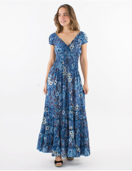 Long polyester dress with elastic size and "boheme argente" print