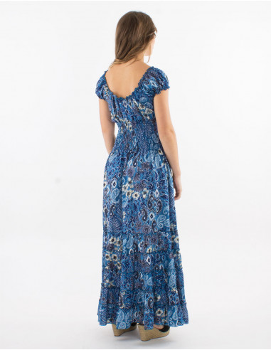 Long polyester dress with elastic size and "boheme argente" print