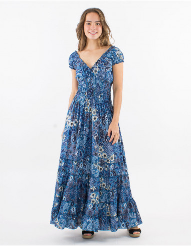 Long polyester dress with elastic size and "boheme argente" print