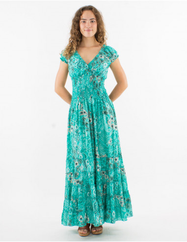 Long polyester dress with elastic size and "boheme argente" print