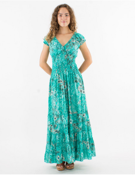 Long polyester dress with elastic size and "boheme argente" print