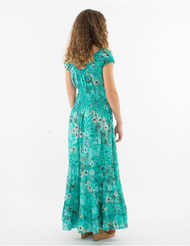 Long polyester dress with elastic size and "boheme argente" print