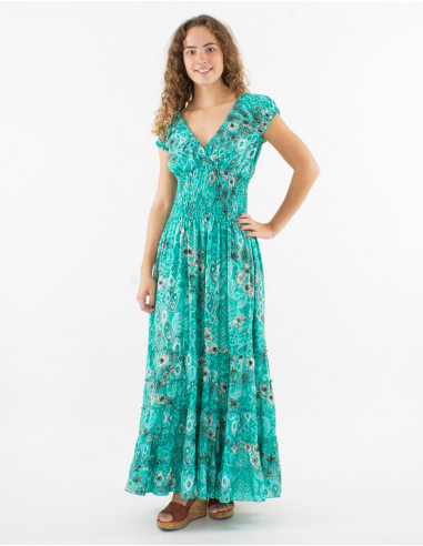 Long polyester dress with elastic size and "boheme argente" print