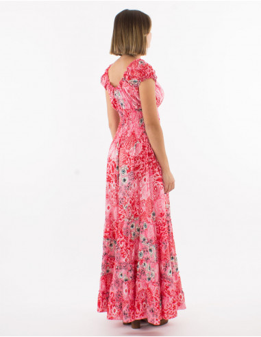 Long polyester dress with elastic size and "boheme argente" print