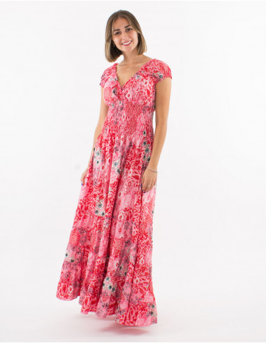 Long polyester dress with elastic size and "boheme argente" print