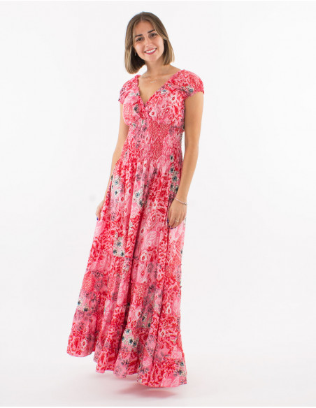 Long polyester dress with elastic size and "boheme argente" print