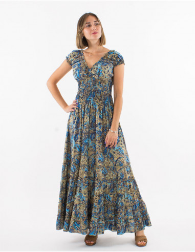 Long polyester dress with elastic size and "road dore" print
