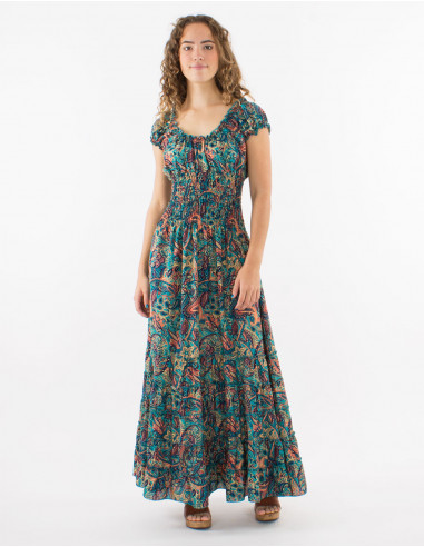 Long polyester dress with elastic size and "road dore" print