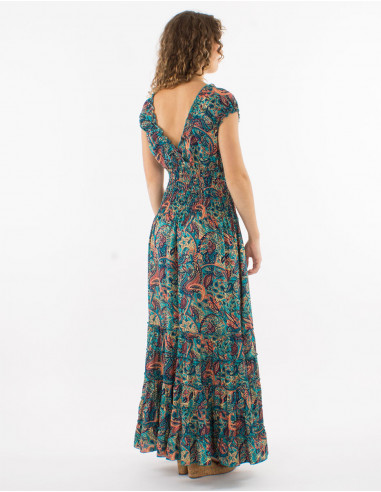 Long polyester dress with elastic size and "road dore" print