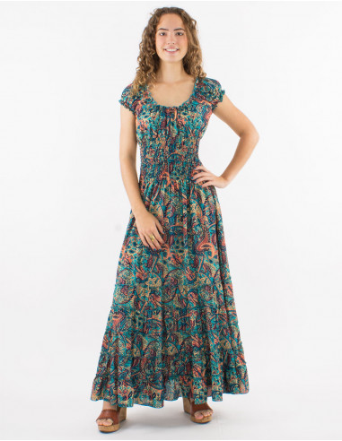 Long polyester dress with elastic size and "road dore" print