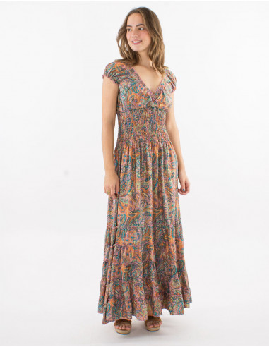 Long polyester dress with elastic size and "road dore" print