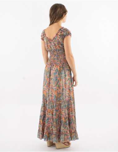 Long polyester dress with elastic size and "road dore" print