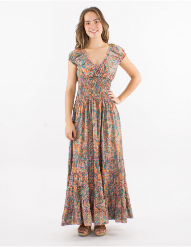 Long polyester dress with elastic size and "road dore" print