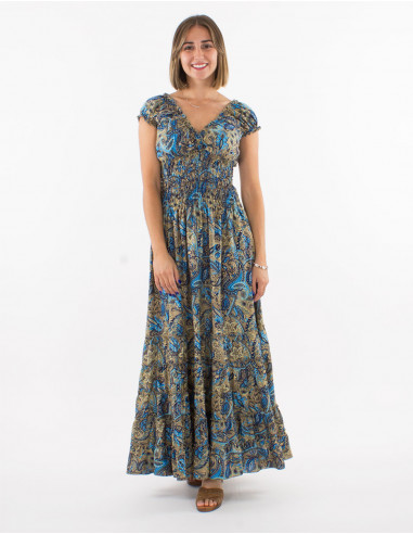 Long polyester dress with elastic size and "road dore" print